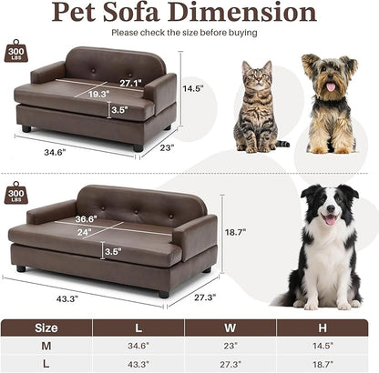 Luxury Dog Sofa Bed Elevated Pet Couch with Durable Waterproof Leather & Orthopedic Sponge - Modern Furniture Style Dog Lounge & Pet Bedside Step for Medium/Large Dogs, Brown