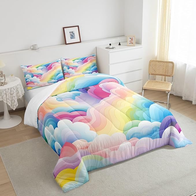 Erosebridal Girls Rainbow Bedding Set Full Colorful Cloud Comforter Set Cartoon Geometric Stripe Down Comforter for Toddler Dreaming Pink Pastel Duvet Set Blue Purple Teen Cozy Décor 3 Piece