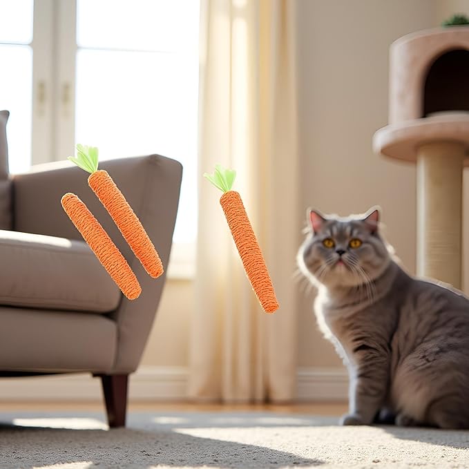 2 Pcs Orange Natural Interactive Sisal Carrot Cat Toys, Cat Dental Chew Toy Kitten Teething Toys for Indoor Cats Interactive Toys for Cats (20cm)