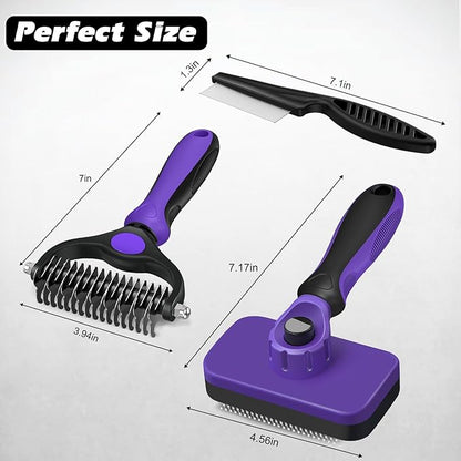 3PCS Self Cleaning Slicker Brush & Pet Grooming Rake & Flea Comb for Dogs,Cats and Horses | Double-Sided Dematting Comb & Skin Friendly Deshedding Grooming Tool | Premium Pet Supplies (Purple)