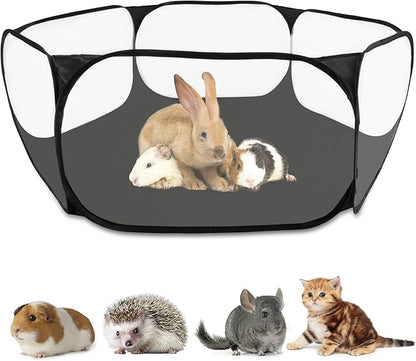 Rypet Guinea Pig Playpen - Breathable & Transparent Pet Playpen Pop Open Outdoor/Indoor Exercise Fence, Portable Yard Fence for Guinea Pig, Rabbits, Hamster, Chinchillas and Hedgehogs（Black）