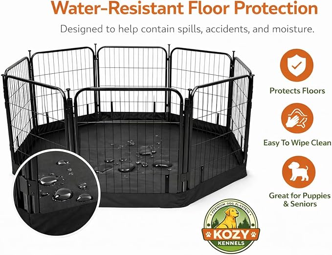 Dog Playpen w/Octagon Bottom Pad & Top Cover - 40 inch, 8 Panel Portable Black Metal Pet Play Pen for Medium & Large Dogs - Indoor/Outdoor Kennel Cage for Home, Yard, RV, or Camping