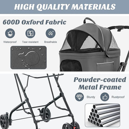 PETSITE Double Dog Stroller, Foldable 3-in-1 4 Wheels Cat Stroller with 2 Detachable Carriers, Safety Belt, Washable Cover, Removable Pads for Small Medium Dogs Cats (Grey)