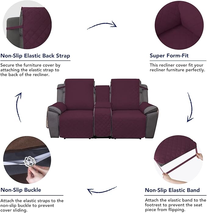 PureFit Water Resistant Reversible Loveseat Recliner Couch Cover for Double Recliner with Console – Non Slip Split Sofa Cover, Washable Reclining Cover for 2 Seat Recliner (2 Seat, Wine/Beige)