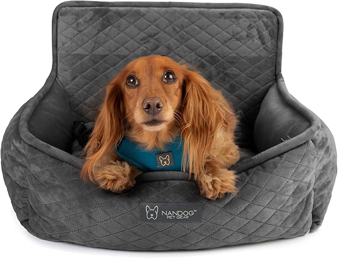 Nandog Pet Gear Luxury Dog Car Seat Bed w/Removable & Washable Pad Insert & Thick Car Seatbelt Straps - Secure, Comfortable, Easy-to-Clean Pet Carrier (Dark Grey, 18" L x 16" W in)