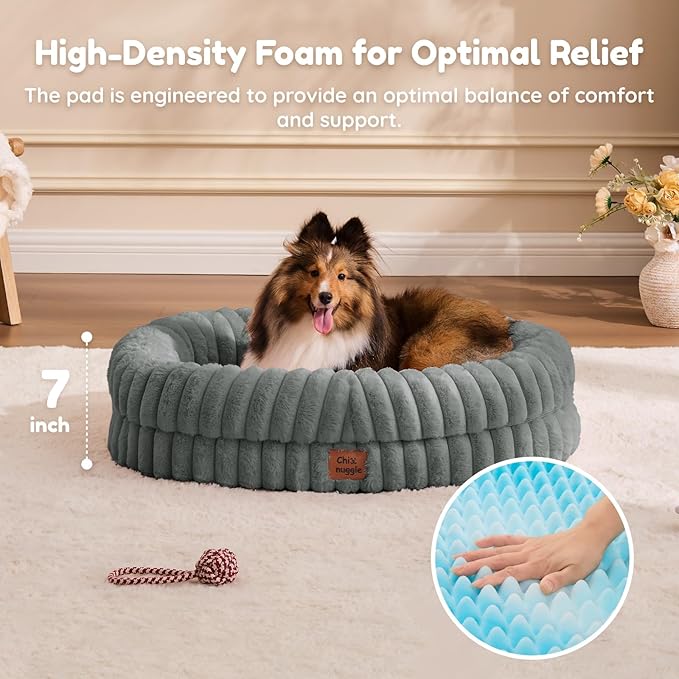ChiXnuggle Dog Bed Medium Sized Dog - Luxury Striped Faux Fur Waterproof Pet Couch with Removable Washable Cover, Orthopedic Pet Bed with Bolster Sides for Sleeping, Grey