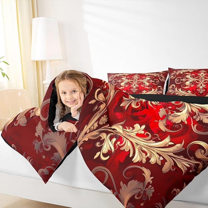 Erosebridal (Just Print Red Damask Print Queen Size Comforter Set, Bohemian Vintage Floral Paisley Soft Bed Set for Kids Boys Girls, Tribal Hippie Exotic Quilt Set,Victorian Baroque Bed Sets