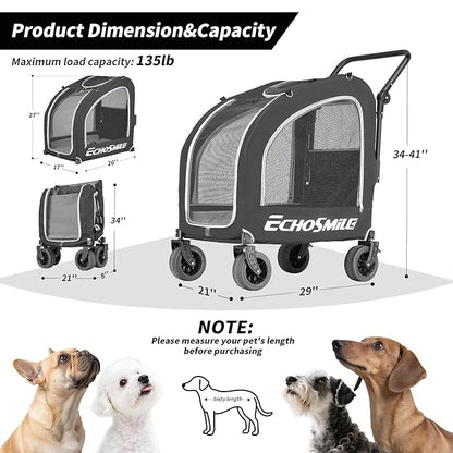 EchoSmile 4 Wheels Pet Stroller, Dog & Cat Stroller for All-Season, Lightweight Carrier with Storage Basket, Adjustable Handle, Removable Pad, Breathable Mesh, Up to 135 lbs, Black (Black)