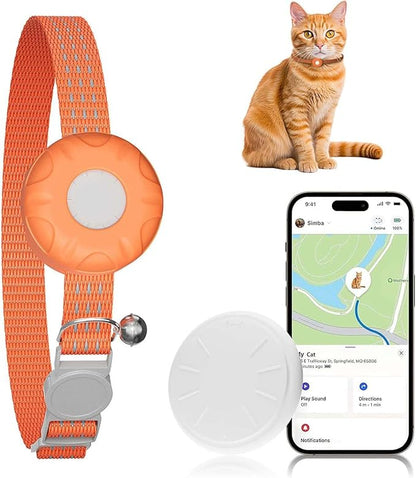 GPS Tracker for Cats, Cat Tracker Collar with Safety Elastic Buckle, Compatible with Apple Find My App (Only iOS), No Monthly Fee, Waterproof (White Tracker, Orange Cat Collar)