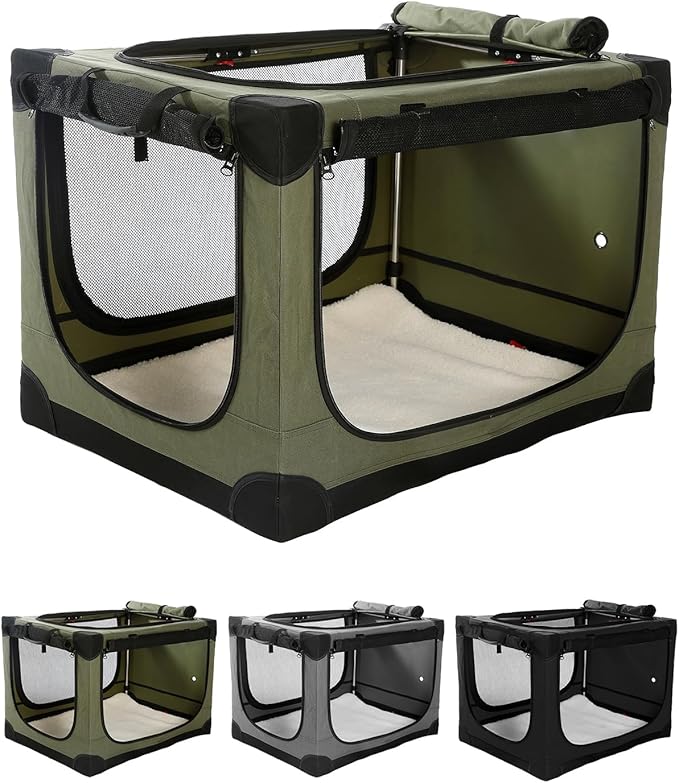 Veraste 33" L x 25" W x 25" H Collapsible Travel Dog Crate, Portable Soft Dog Kennel for Medium Large Dogs up to 60 lbs, 4-Door Foldable Travel Crate with Durable Mesh & Storage BagGreen