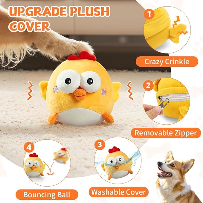 Interactive Dog Toy Ball, Upgrade Automatic 1.5H Jump Plush Toy with Removable Zipper for Small Large Dogs, Rechargeable Squeaky Move Bounce Ball for Pets Keep Busy, No Loud Music (Chicken)