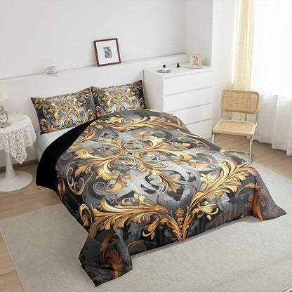 Erosebridal Golden Damask(Just Print) Twin Comforter Set, Floral Boho Vintage Paisley Microfiber Bedding Set for Kids Teens Adults, Hippie Aztec Exotic Duvet Insert Garden Bohemian Gothic Bed Sets