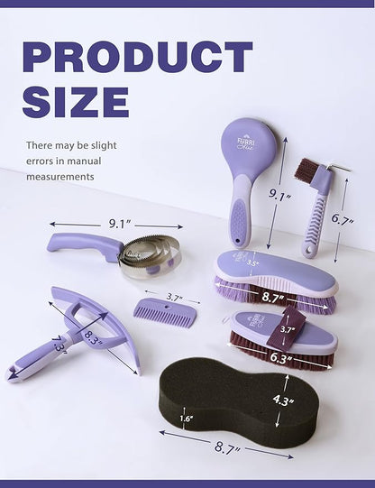 Horse Grooming Kit, 9 Piece Grooming Brush Set with Silicone Curry Comb for Bathing & Shedding Sugar Taro