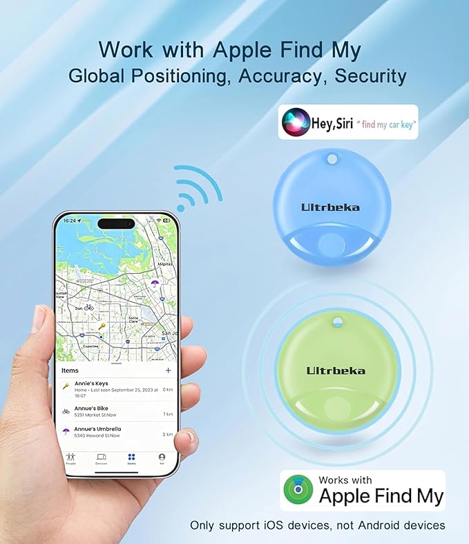 Ultrbeka Tracker 4 Pack Bluetooth Item Finder for iPhone – MFi Certified Smart Tracker Compatible with Apple Find My, Replaceable Battery, IP67 Waterproof Key Finder for Keys, Wallet, Luggage