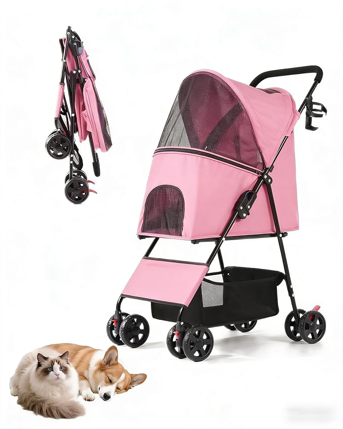 Pet Stroller for Small Medium Dogs Cats - Lightweight 10lbs Foldable Dog Stroller, Breathable Mesh & Safety Tether, 33lbs Capacity with Locking Wheels, Storage Basket for Outdoor Walks-Pink