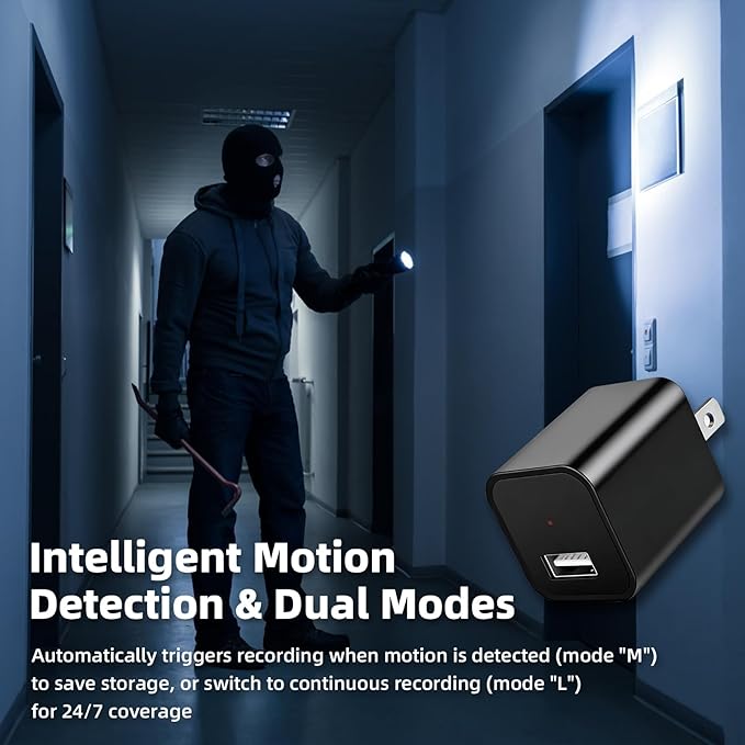 1080P HD Charger Camera with Motion Detection, 106° Wide Angle, No WiFi/Monthly Fee, Mini Hidden Camera for Home Security/Nanny/Pet Monitoring