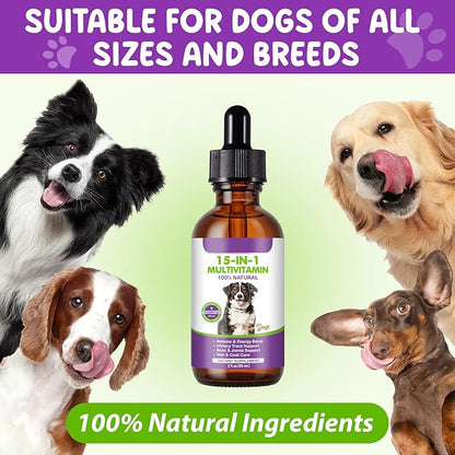 Dog Multivitamin Drops, 15 in 1 Multivitamin Liquid for Dog with Vitamin C, Vitamin D & B1, Dog Health Supplements for Skin Care, Joints & Hips