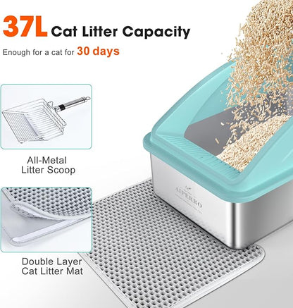 AIPERRO Stainless Steel Litter Box | XL Enclosed Cat Litter Boxs with Lid for Big Cats | High Sided, Anti-Urine Leakage | Non-Stick Bottom & Includes Litter Mat & Metal Scoop (Turquoise, X-Large)