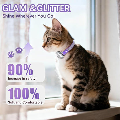 AirTag Cat Collar Breakaway, Diamond Microfiber Cat Collars with Apple Air Tag Holder and Bell, Adjustable Comfortable GPS Tracker Cat Collar for Girl Boy, Kittens, Puppies (Purple)