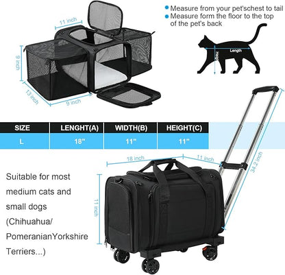 Pet Carrier Airline Approved, Expandable Pet Cat Carriers with Wheels for Dogs, Airline Approved Cat Dog Carrier, TSA Approved Pet Carrier In Cabin, Pet Dog Cat Carrier Soft, Cat Travel Carrier(Black)