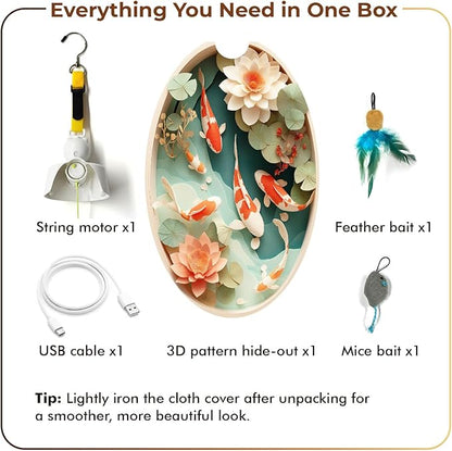 OtterVerz 11 Interactive Cat Toys for Indoor Cats, Automatic Concealed Hide and Seek Hanging Feather Cat Toy, Rechargeable Motion-Activated Enrichment Toys for Bored Adult Cats (Fish Pond Pattern