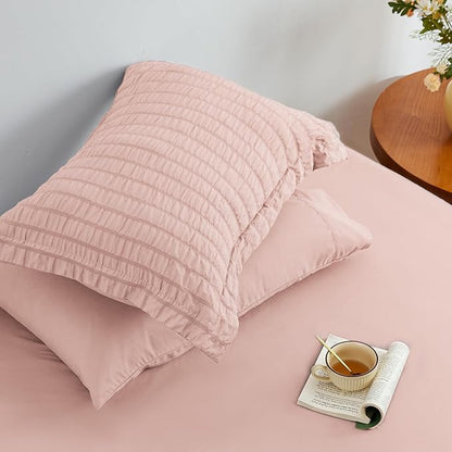 Love's cabin Seersucker Pink Twin Comforter Set, 5-Piece All Season Lightweight Bed in a Bag Bedding Set with Comforter, Flat Sheet, Fitted Sheet, Pillowcase and Sham | Soft, Breathable, Lightweight