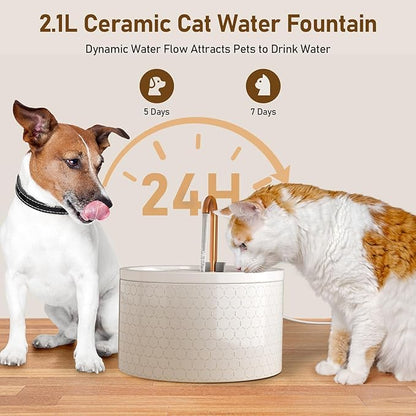 DOOOB Ceramic Cat Water Fountain, 2.1L/71oz Cat Fountain, Automatic Ceramic Water Fountain for Cats, Pet Water Fountain with Ultra-Quiet Pump and 3 Filters & 3 Sponges (Honeycomb Embossed)
