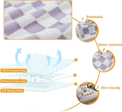Waterproof Pet Blanket,Dog Bed Covers Couch Sofa Stylish Jacquard Pets Throw Blankets for Puppy Cats Washable Reversible Furniture Protection Covers (Purple Check,L)