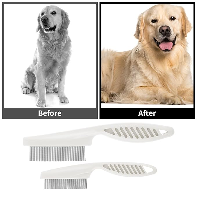 TIESOME 2PCS Stainless Steel Flea Comb for Dogs Cats, Tear Stain Remover Promotes Hair Growth Removes Loose Hair Fleas Dual-Size Grooming Brush for All Breeds(White)