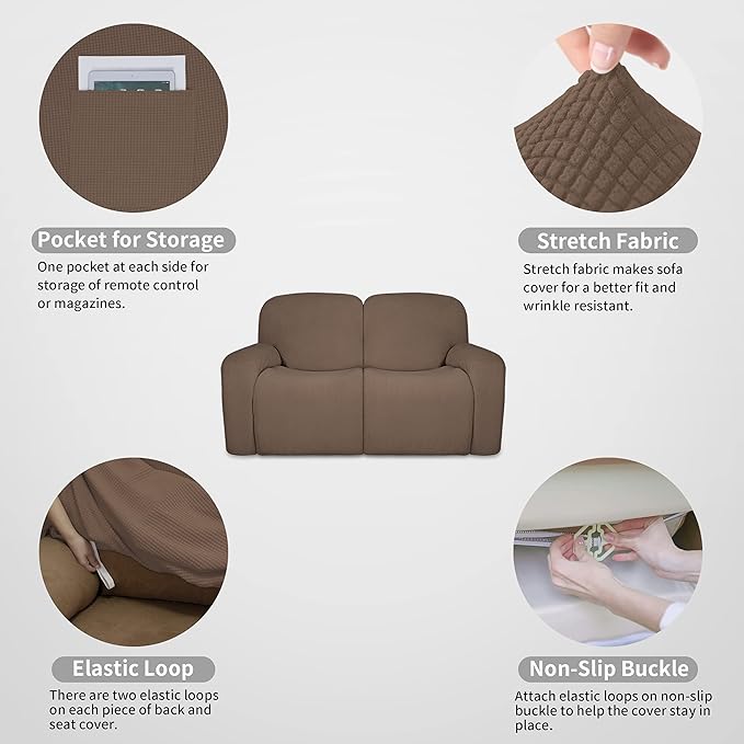 Easy-Going 100% Dual Waterproof Recliner Loveseat Cover, 6-Pieces Stretch Relining Sofa Cover with Pocket, Jacquard 2 Seat Sofa Slipcover Leakproof Washable (Loveseat, Brown)