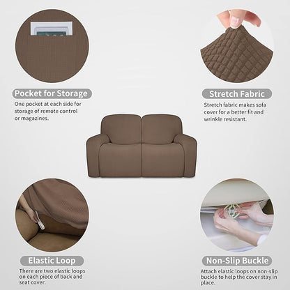 Easy-Going 100% Dual Waterproof Recliner Loveseat Cover, 6-Pieces Stretch Relining Sofa Cover with Pocket, Jacquard 2 Seat Sofa Slipcover Leakproof Washable (Loveseat, Brown)