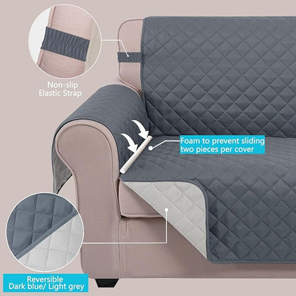 U-NICE HOME Recliner Chair Covers Reversible Quilted Water Repellent Pet Protectors with Elastic Straps (23''Recliner Small, Dark Blue/Light Grey)