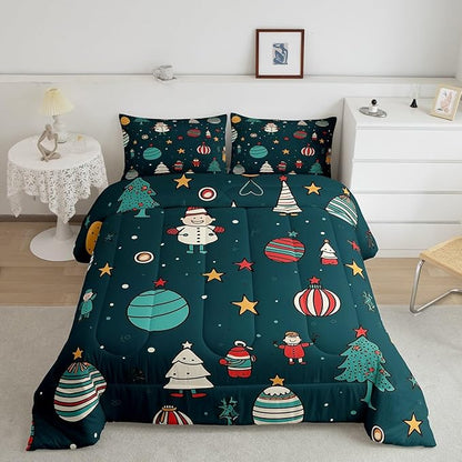 Erosebridal Merry Christmas King Comforter Cartoon Snowman Bedding Set for Child Toddler Dark Green Duvet Insert Sparkling Stars Bed Set Xmas Tree Quilted Duvet Soft Cozy Home Decorative 3 Piece
