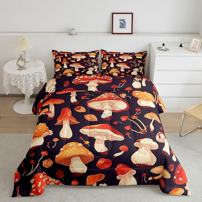 Erosebridal Red Mushroom King Comforter Set Orange Wild Fungus Bedding Sets Botanical Plants Bedding Comforter Dark Purple Quilt Comforter Cartoon Women Lady Room Décorative Lightweight 3 Piece