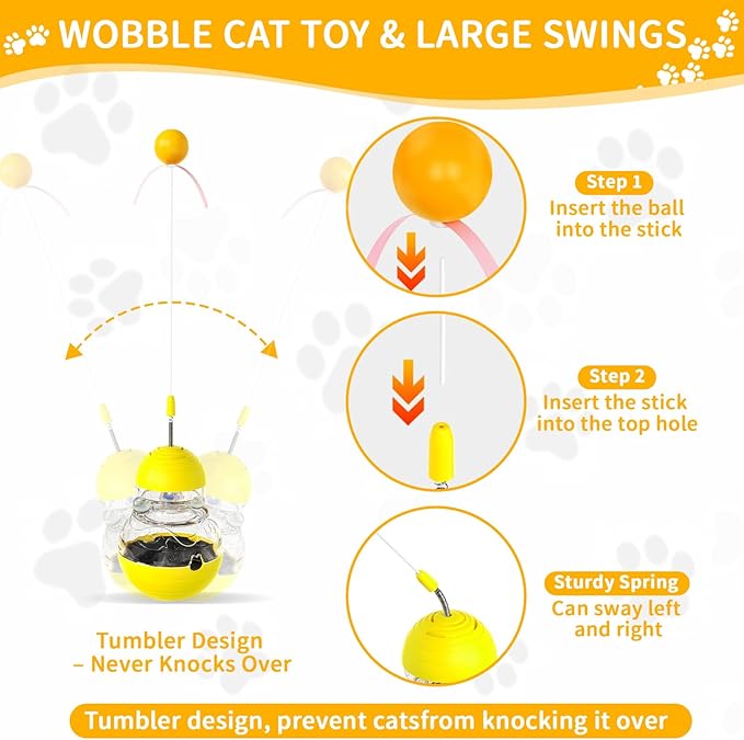 Cat Interactive Toys Engaging Wand, Slow Food Treat Dispenser, and Tumbler Design for Indoor Cats Durable, Non-Toxic, Ideal for Exercise and Boredom Relief Gift for Kitten, Yellow