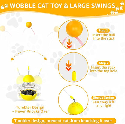 Cat Interactive Toys Engaging Wand, Slow Food Treat Dispenser, and Tumbler Design for Indoor Cats Durable, Non-Toxic, Ideal for Exercise and Boredom Relief Gift for Kitten, Yellow