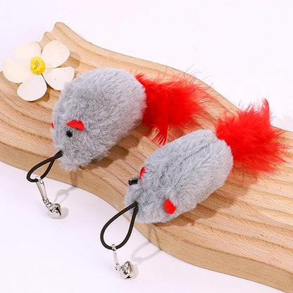 Cat Toy Refill, 2 Pack Mouse Toy with Feather Tail and Bell for Cat Wand Toy Accessories Cat Toy Attachments Replacements, 4.72” Realistic Size Mice Toy for Bored Indoor Adult Cat Self Play