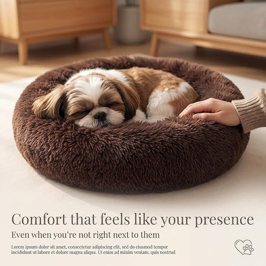 Calming Donut Dogs Beds for Small Dogs Washable,23inch Plush Round Pet Bed for Cozy Sleep,Fluffy Faux Fur Large Cat Bed,Fits up to 25 lbs Pets,Chocolate Brown