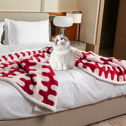 Waterproof 85x85in Pet Blanket Red Stylish Jacquard Sharpa Fleece Dog Blankets for King Size Bed Couch Sofa Covers Furniture Protection Washable Reversible Covers (Red Wave,XXL)
