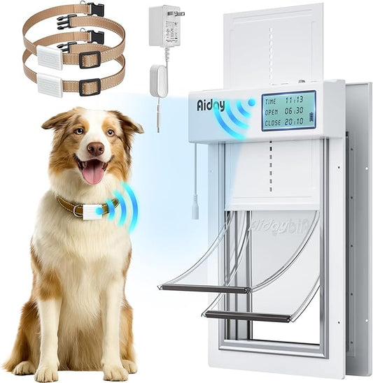 Automatic Dog Door with Collar Sensor, Large Electronic Dog Door for Door with Anti-Pinch, Mains-Powered, LCD Display, Timing Function, Metal(L)