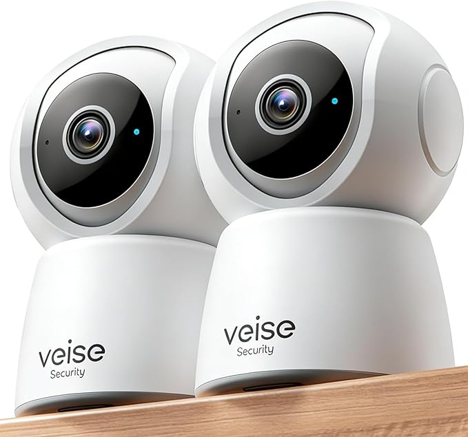 Veise 2K Indoor Security Camera 2.4GHz, 360° Pan/Tilt Pet Camera with Motion Tracking, Baby Monitor, 2-Way Audio, Night Vision, Cloud/SD Storage, Compatible with Voice Assistant, White, 2Pack