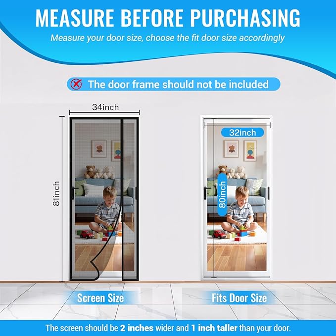 Magnetic Closure Screen Door, Reversible Mesh Door Screen Fits 32" x 80" Door, Heavy-Duty Magnetic Mesh Curtain for Sliding Door and French Door, Self-Sealing, Portable Patio Screen (34" x 81")