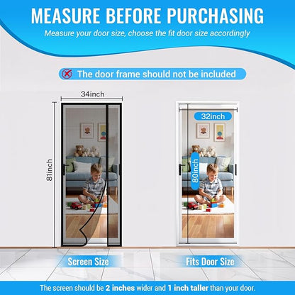 Magnetic Closure Screen Door, Reversible Mesh Door Screen Fits 32" x 80" Door, Heavy-Duty Magnetic Mesh Curtain for Sliding Door and French Door, Self-Sealing, Portable Patio Screen (34" x 81")
