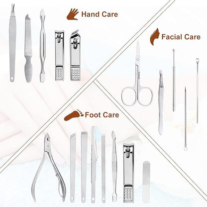 Nail Clippers Set 18 Pieces Stainless Steel Manicure Kit, Professional Grooming Kits, Nail Care Tools with Luxurious Travel Case