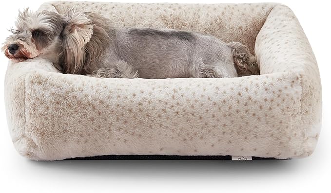 JOEJOY Small Dog Bed for Small Dogs, Removable Washable Cover Orthopedic Soft Faux Rabbit Fur Pet Bed, Anti-Slip Fluffy Plush Puppy Bed, 20"x19"x6", Leopard Print, Beige