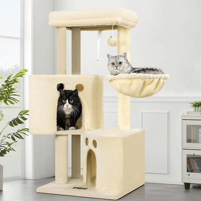 Small Cat Tree Tower for Indoor Cats, 40 in Medium Compact Adults Cat Beds Trees with 2 Condos, Sisal Scratching Post, Large Perch Platform, Multi-Level Kitty Kitten Climbing Stands House(Beige)