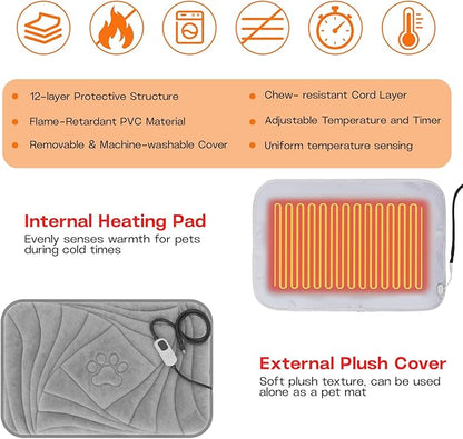 Large Dog Heating Pad with Washable Cover, Soft Plush Pet Heating Pad with 9 Adjustable Temperature, Timer, Chew-Resistant Cord, Waterproof Electric Heated Pet Bed Mat for Dogs and Multi-Cats