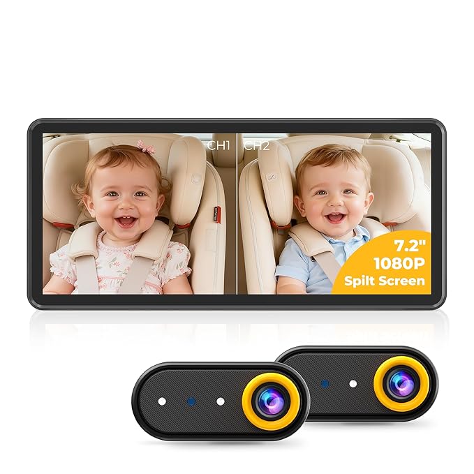LUCKVIEW BM5 PRO Baby Car Camera for 2 Kids, 7.2" 1080P Dual Channel Display for Car Seat, Easy Installation with 2 IR Night Vision Cameras, Rear Seat Safety for Babies and Pets