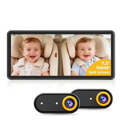 LUCKVIEW BM5 PRO Baby Car Camera for 2 Kids, 7.2" 1080P Dual Channel Display for Car Seat, Easy Installation with 2 IR Night Vision Cameras, Rear Seat Safety for Babies and Pets
