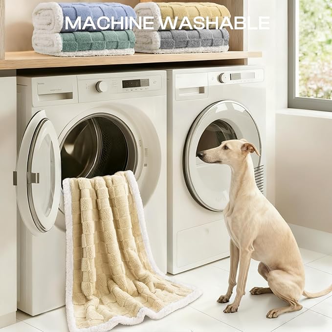 Luciphia Waterproof Dog Blanket, Leakproof Large Pet Blanket for Couch Sofa Bed Furniture Cover Protector, Washable Soft Sherpa Fleece with 3D Jacquard, Cozy Calming Reversible, Beige White, 85"x57"